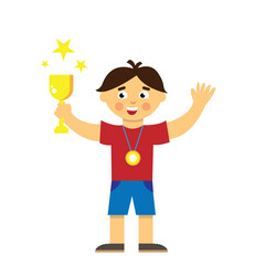 Happy Boy with a Winning Cup after Sports Competition. Characters and achievements concept vector