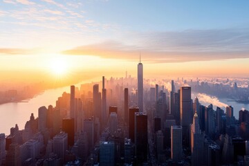 Fototapeta premium Aerial view of New York City skyline at sunrise.