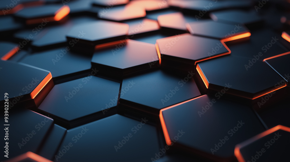 Poster a close up of a black and orange hexagonal pattern. the pattern is made up of black and orange shape