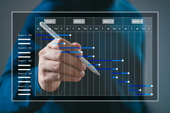 Person using stylus to interact with digital Gantt chart on transparent screen, depicting project timeline and task management.