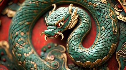 Obraz premium Beautifully crafted green snake with gold details and red tongue, marking the 2025 Chinese zodiac.