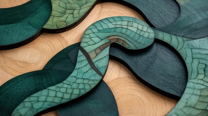 Abstract wooden waves in green and natural tones.