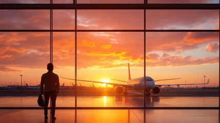 Silhouettes of people walking in airport terminal with airplane landing at sunset.