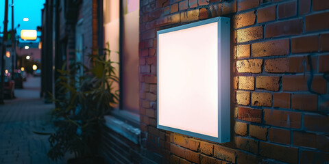 White square light box mounted on a brick wall near a sidewalk, glowing softly, awaiting advertisement