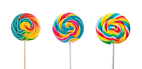 Set of three colorful lollipops isolated on transparent background, cut out