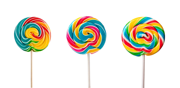 Set of three colorful lollipops isolated on transparent background, cut out