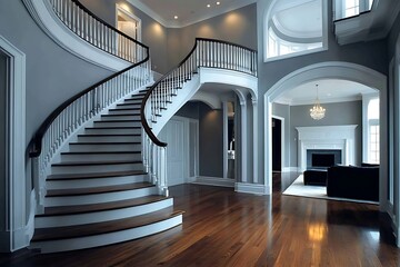 Fototapeta premium Elegant Curved Staircase with Hardwood Floors and Modern Interior Design