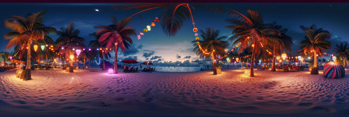 Festive panorama of a tropical beach with coconut palms decorated with lights and lanterns for a beach party.