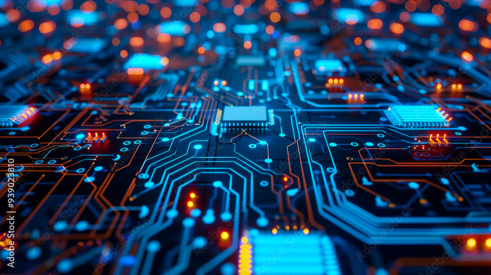Poster a computer chip is shown in a blue and orange color scheme. the chip is made up of many small square