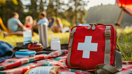 A compact first aid kit with its contents spread out on a picnic blanket during an outdoor event