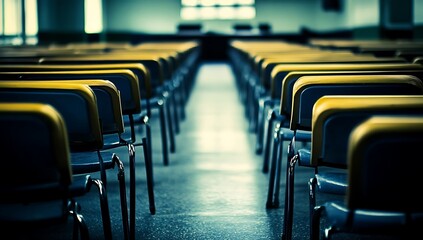 Empty Blue and Yellow Metal Chairs in a Lecture Hall