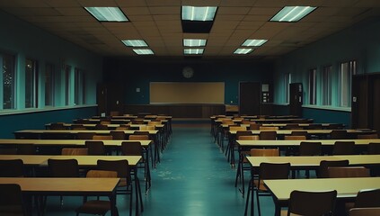Empty Classroom with Rows of Desks and Chairs