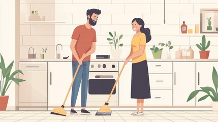 A man and woman are cleaning a kitchen together