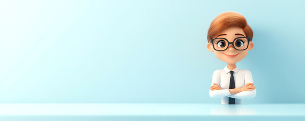 A cheerful young character in glasses and a suit, representing confidence and professionalism with a light blue background.