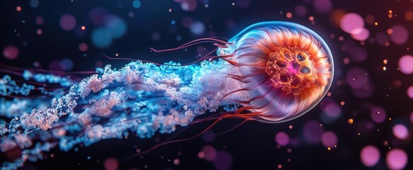 Naklejka premium World Animal Day: Glowing Jellyfish Eye Amidst Microplastics