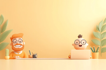 Cheerful cartoon characters working together at a creative desk with plants, focused on productivity and collaboration.