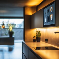A modern kitchen featuring sleek design, smart technology, and ambient lighting, perfect for contemporary living.