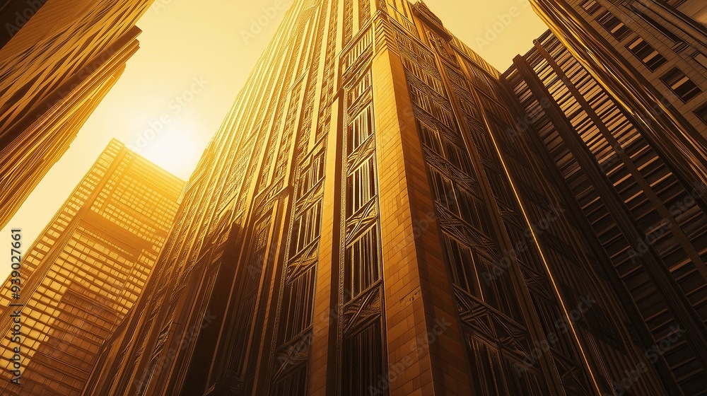 Poster a towering skyscraper with intricate, geometric patterns and bold, symmetrical lines