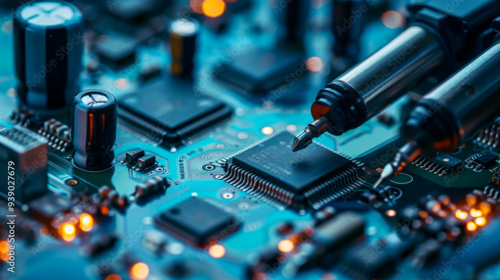 Poster close-up of technological robotic manipulators for assembling printed circuit boards at a modern ele