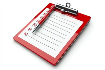 A red clipboard with a checklist and a pen for organization.