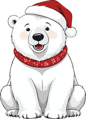 Happy Polar Bear Wearing Santa Hat and Red Scarf