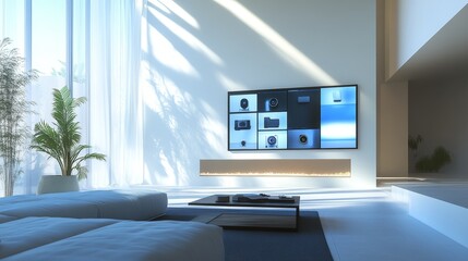Fototapeta premium Modern living room with a sleek TV, cozy sofa, and natural light streaming through large windows.