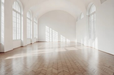 Empty White Room with Arched Windows and Wooden Floor