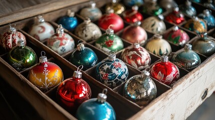 Vintage Christmas Ornaments in Wooden Box