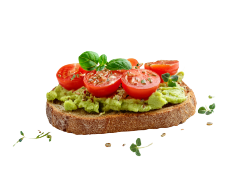 Gourmet Avocado Toast with Fresh Herbs and Cherry Tomatoes Isolated on White Background