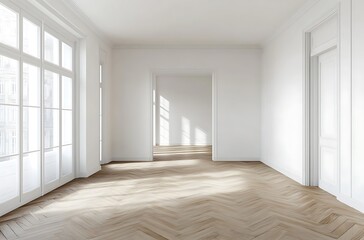 Empty White Room with Wooden Floor and Doorway