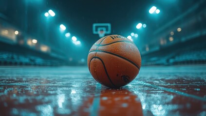 A basketball rests on a wet court under the lights of a stadium on a rainy night.