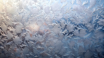 Delicate ice crystals on frosted glass for winter texture background