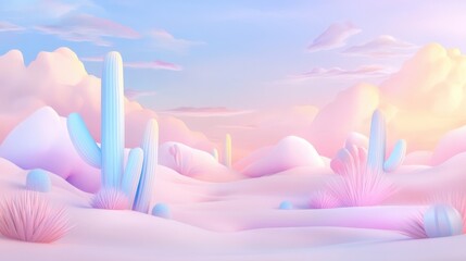 A desert scene with pink and blue cacti and a pink sky