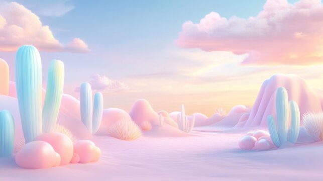 A desert scene with pink cacti and a pink sky