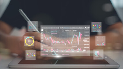 Stock trading and investing concept. trader hand holding magnifying glass with virtual stock graph market chart. foreign exchange, trade fund, crypto money, Business growth, investor,