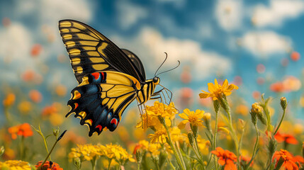 A vibrant butterfly perched on a yellow flower in a colorful wildflower meadow under a bright blue sky with fluffy clouds, perfect for nature, spring, and garden themes,