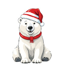 Merry Polar Bear with Santa Hat and Red Scarf