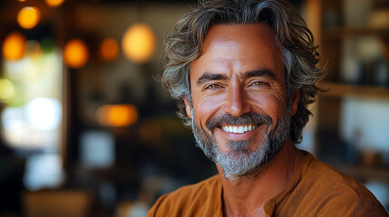 Obraz premium A man with a beard and gray hair is smiling and looking at the camera