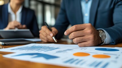 Two business professionals in suits discuss charts and graphs on a table, perfect for presentations, financial planning, and business meetings illustrations,