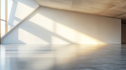 Indoor Space with Slanted Wall and Sunlit Polished Concrete Floor. Generative ai