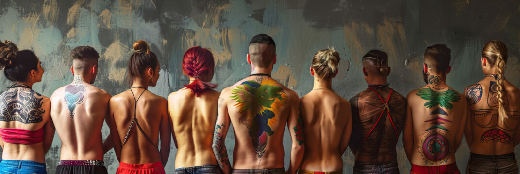 Tattooed Unity: A group of friends comparing their matching tattoos, symbolizing their shared bond and collective experiences.