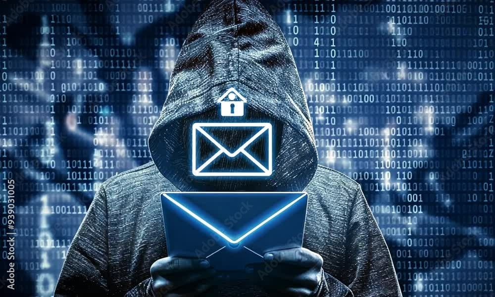 Poster a hooded figure holding a glowing email in front of a blue binary code background.