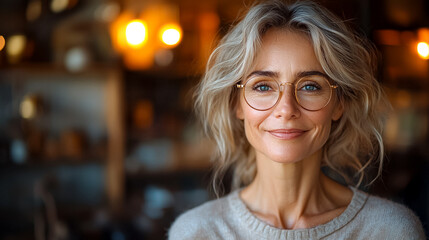 Obraz premium A woman with blonde hair and glasses is smiling at the camera