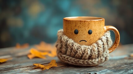 yellow mug with sad face wrapped in beige knitted scarf among fallen autumn leaves