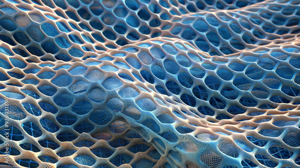 Poster macro view of a blue and beige honeycomb pattern with mottled relief