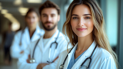 Fototapeta premium Three doctors are standing together in a hallway, one of them smiling