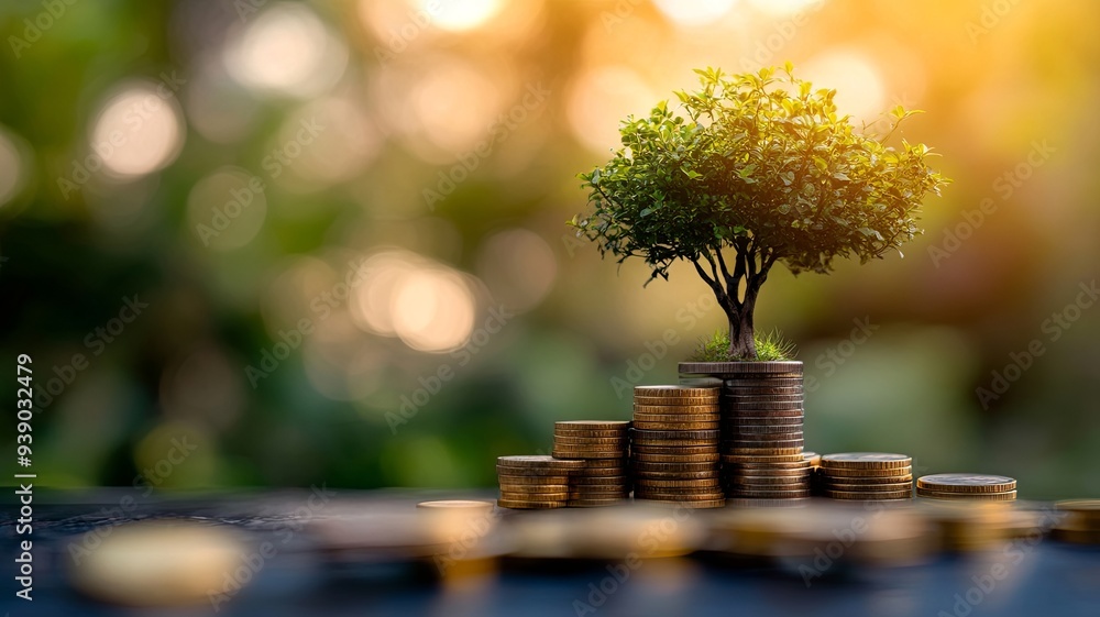 Wall mural step of golden coins stacks on table with tree growing on top, nature background, money, saving and investment concept