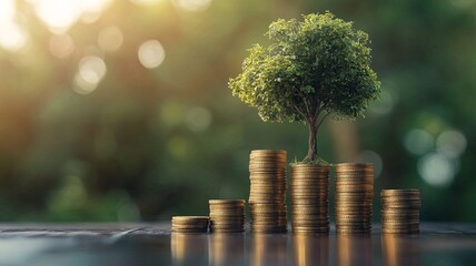 step of golden coins stacks on table with tree growing on top, nature background, money, saving and investment concept