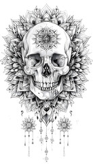 Obraz premium Skull and Mandala black and white illustration
