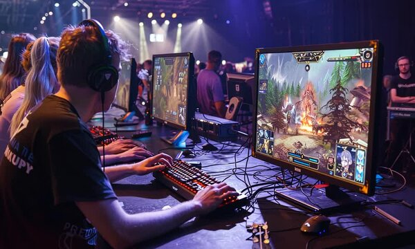 A young man wearing headphones plays a video game on a computer in a dimly lit room with several other computers set up around him.